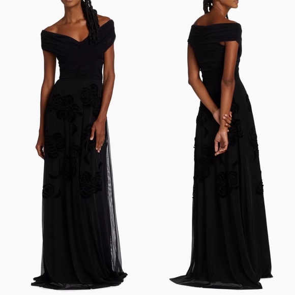 NWT Chiara Boni Dress Destiny Velvet Tulle Maxi Gown Off The Shoulder in  Black
